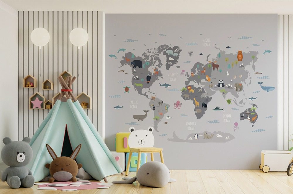 Papier peint original Carte du monde vintage - continents et une boussole -  Carte du monde - Papiers peints
