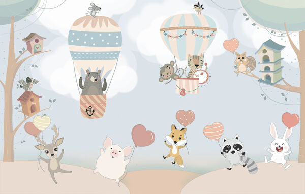 Papier peint Animaux avec des ballons en forme de cœur