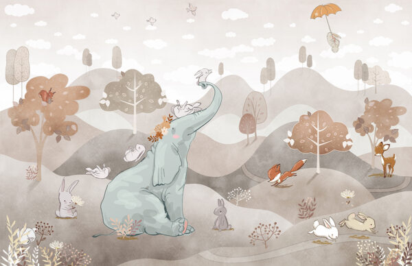 Papier peint Éléphant et lapins