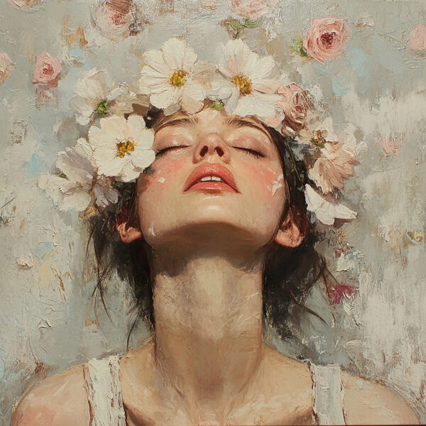 Papier peint Un visage pensif en fleurs