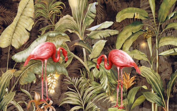 Papier peint Oiseaux rouges en vert