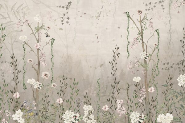 Papier peint Petites fleurs lumineuses et feuilles vertes