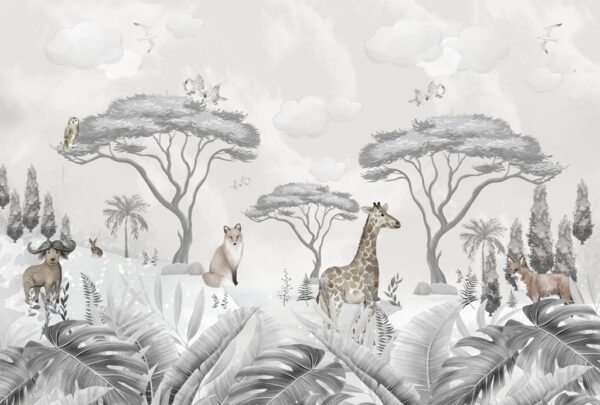 Papier peint Animaux sauvages en gris pour les enfants