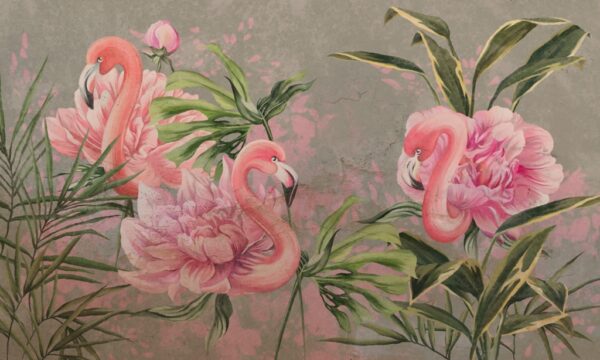 Papier peint Les flamants roses aiment les fleurs