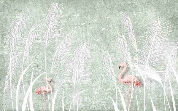 Papier peint Flamants roses sur une prairie blanche
