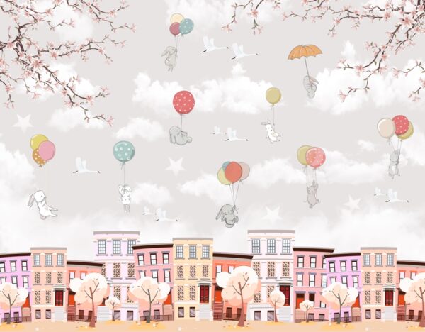 Papier peint Lapins au-dessus de la ville rose