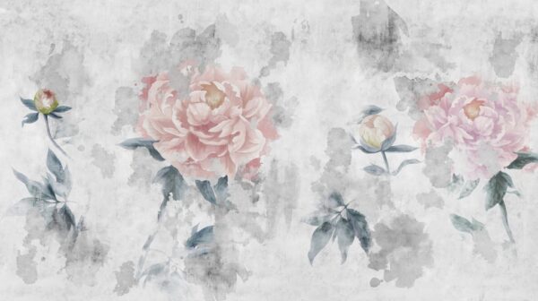 Papier peint Fleurs de pivoine roses sur fond gris
