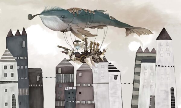 Papier peint Baleine volante au-dessus de la ville pour les enfants