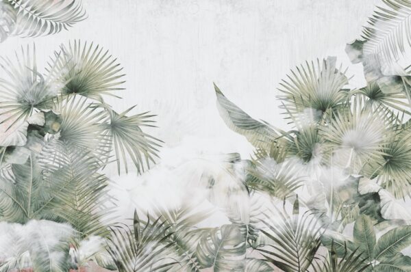 Papier peint Feuilles dans la brume blanche