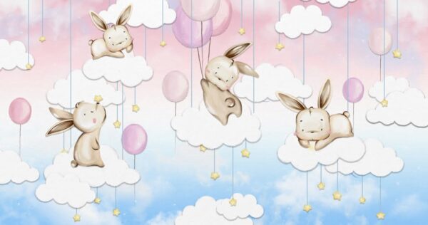 Papier peint Petits lapins sur les nuages