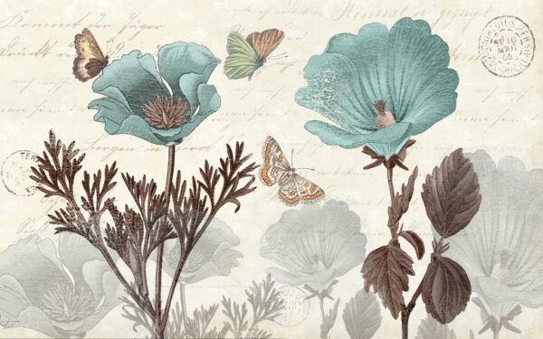 Papier peint Fleurs bleues et papillons
