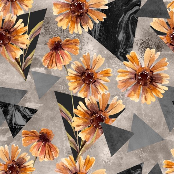 Papier peint Fleurs oranges et triangles gris