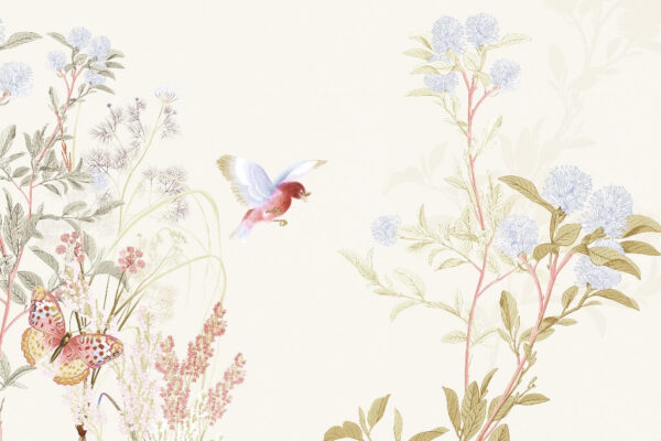 Papier peint Oiseau et papillon parmi les fleurs