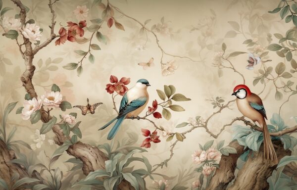 Papier peint Oiseaux sur un arbre en fleurs