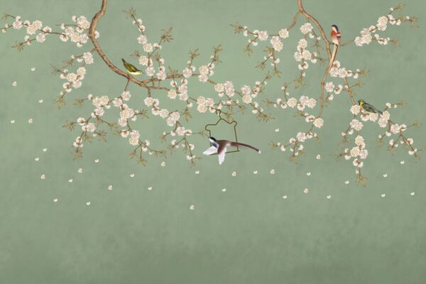 Papier peint Oiseaux dans les cerisiers en fleurs