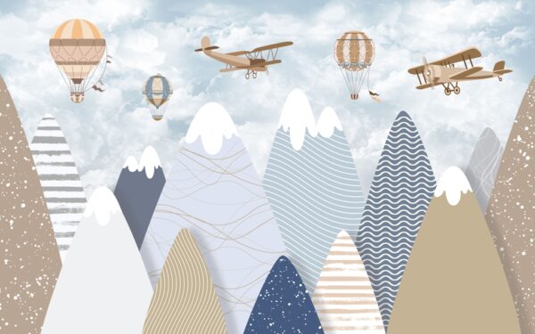 Papier peint Avions et montgolfières au-dessus des montagnes pour les enfants