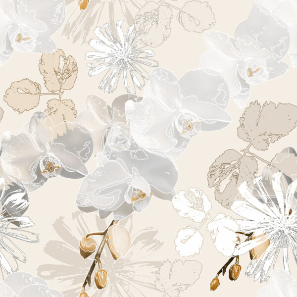 Papier peint Orchidées grises et marguerites blanches