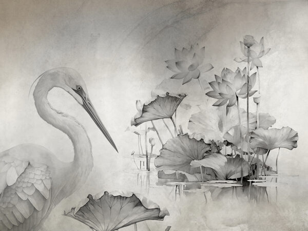 Papier peint Grue parmi les fleurs