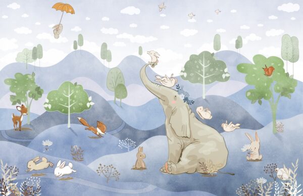 Papier peint Éléphant en bleu