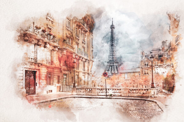 Papier peint Aquarelle représentant Paris avec la tour Eiffel