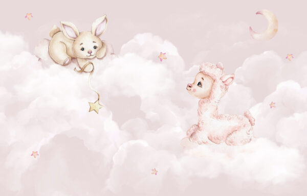 Papier peint Moutons et lapins sur des nuages pastel