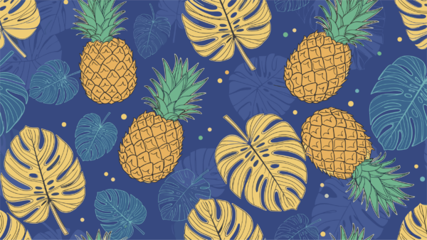 Papier peint Ananas jaunes et feuilles sur fond bleu marine