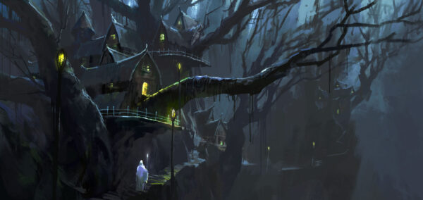 Papier peint Village sombre sur les branches de l'arbre