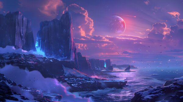 Papier peint Planète extraterrestre au-dessus de la côte rocheuse
