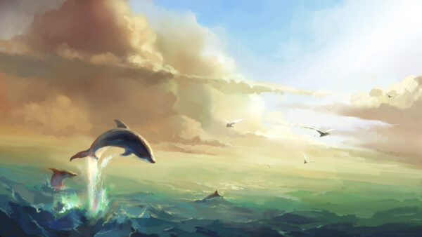 Papier peint Dauphins au coucher du soleil