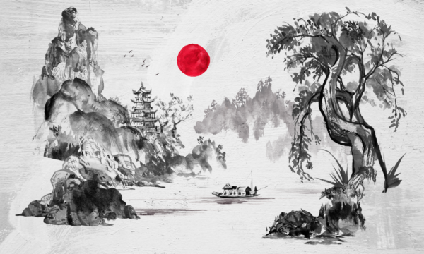 Papier peint Paysage peint avec un soleil rouge