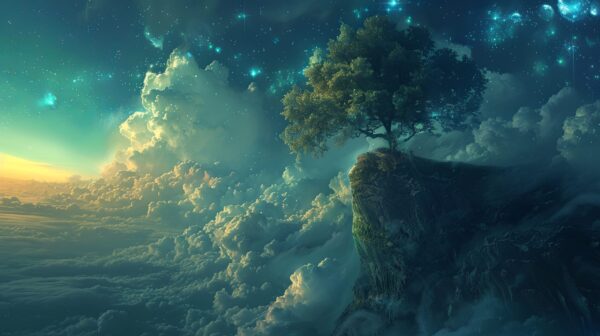 Papier peint Arbre sur le rocher sous les étoiles