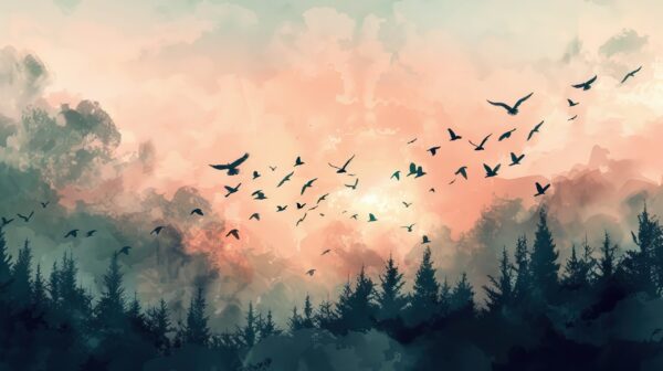 Papier peint Un vol d'oiseaux au-dessus de l'horizon forestier