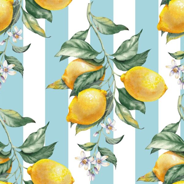 Papier peint Citrons sur rayures bleues