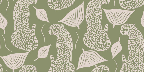Papier peint Motif guépard vert et feuilles
