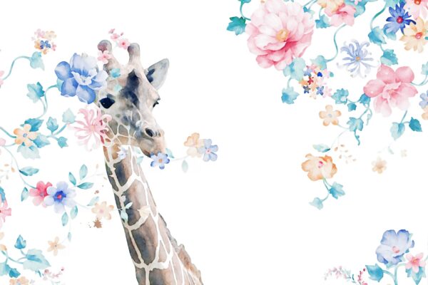 Papier peint Girafe parmi des fleurs aquarelles