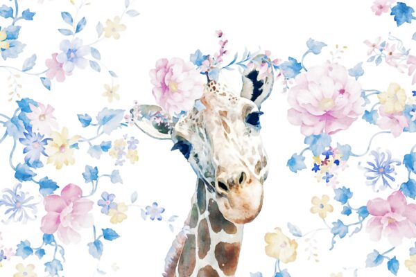 Papier peint Girafe entourée de fleurs pastel