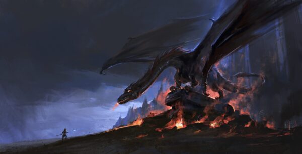 Papier peint Le Dragon au-dessus des ruines en flammes