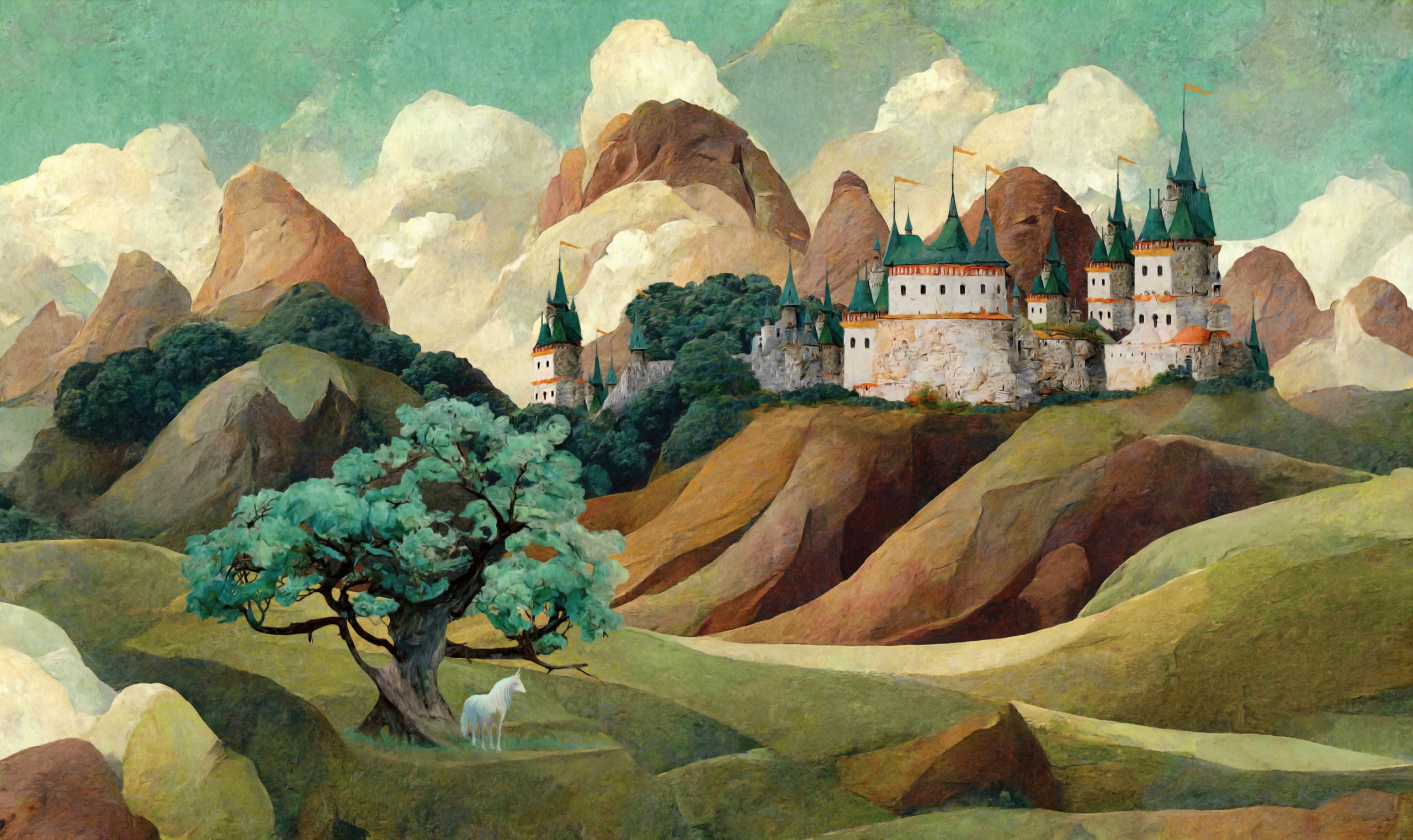 Children's,Painted,Colored,Wallpaper.,A,Colorful,Illustration,Of,A,Mountain