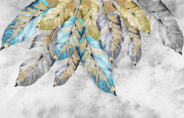 Papier peint Feuilles bleues et dorées