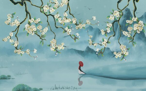 Papier peint Jardin japonais bleu