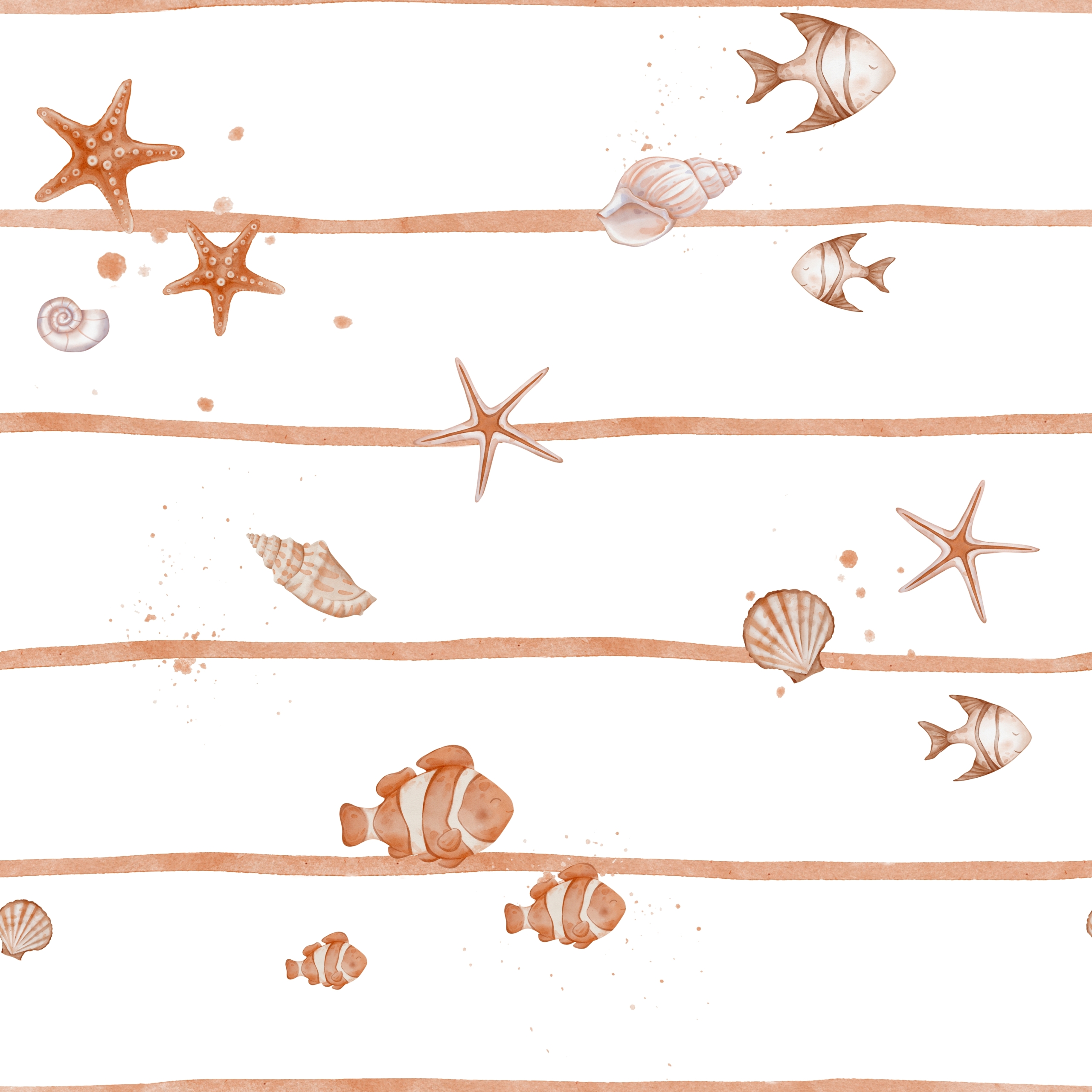 Watercolor,Seamless,Pattern,With,Undersea,Animals,And,Sea,Shell,On