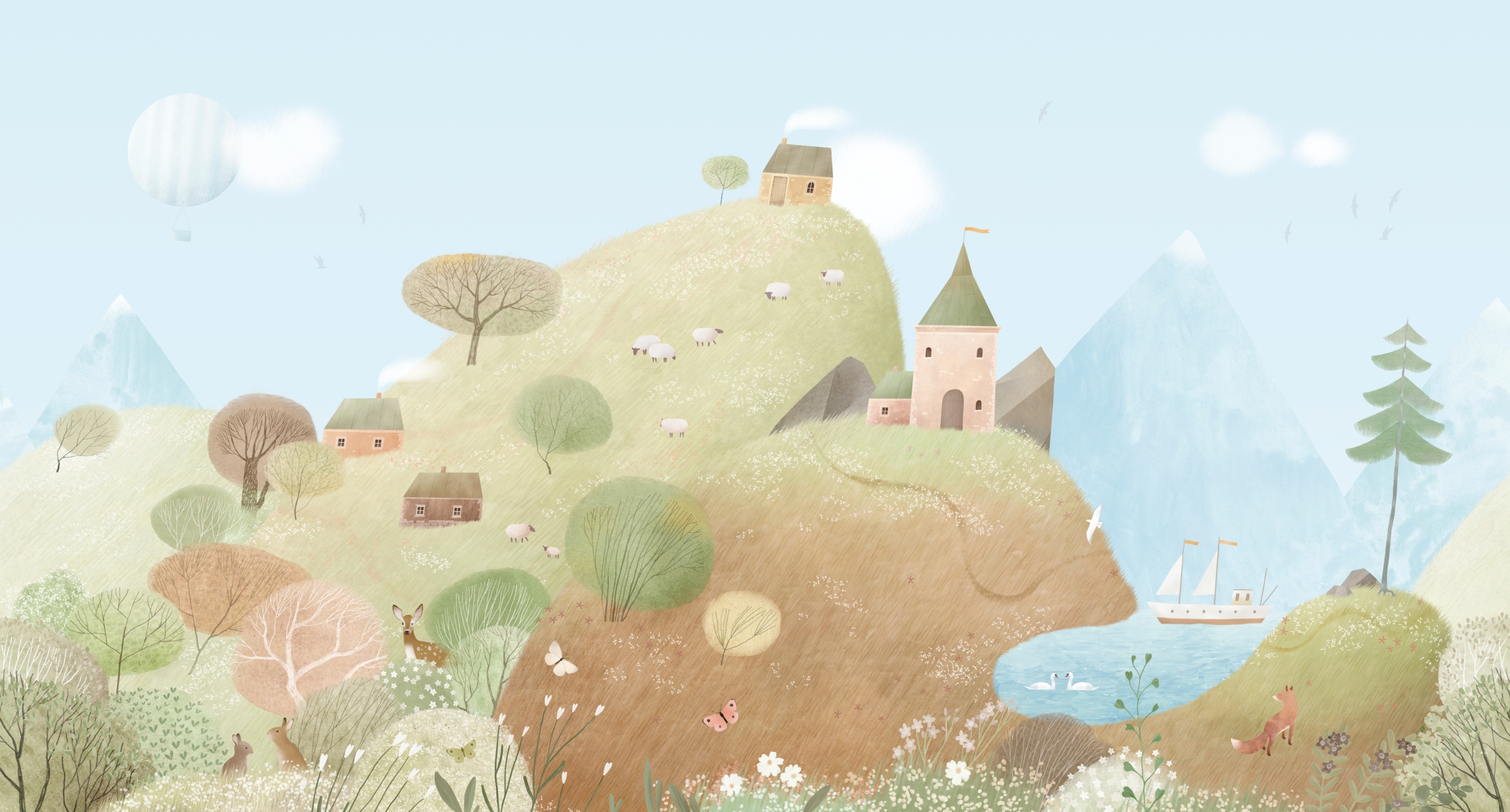 Summer,Landscape,With,Hills,,Lake,,Village,Houses,,Castle.,Watercolor,Illustration.