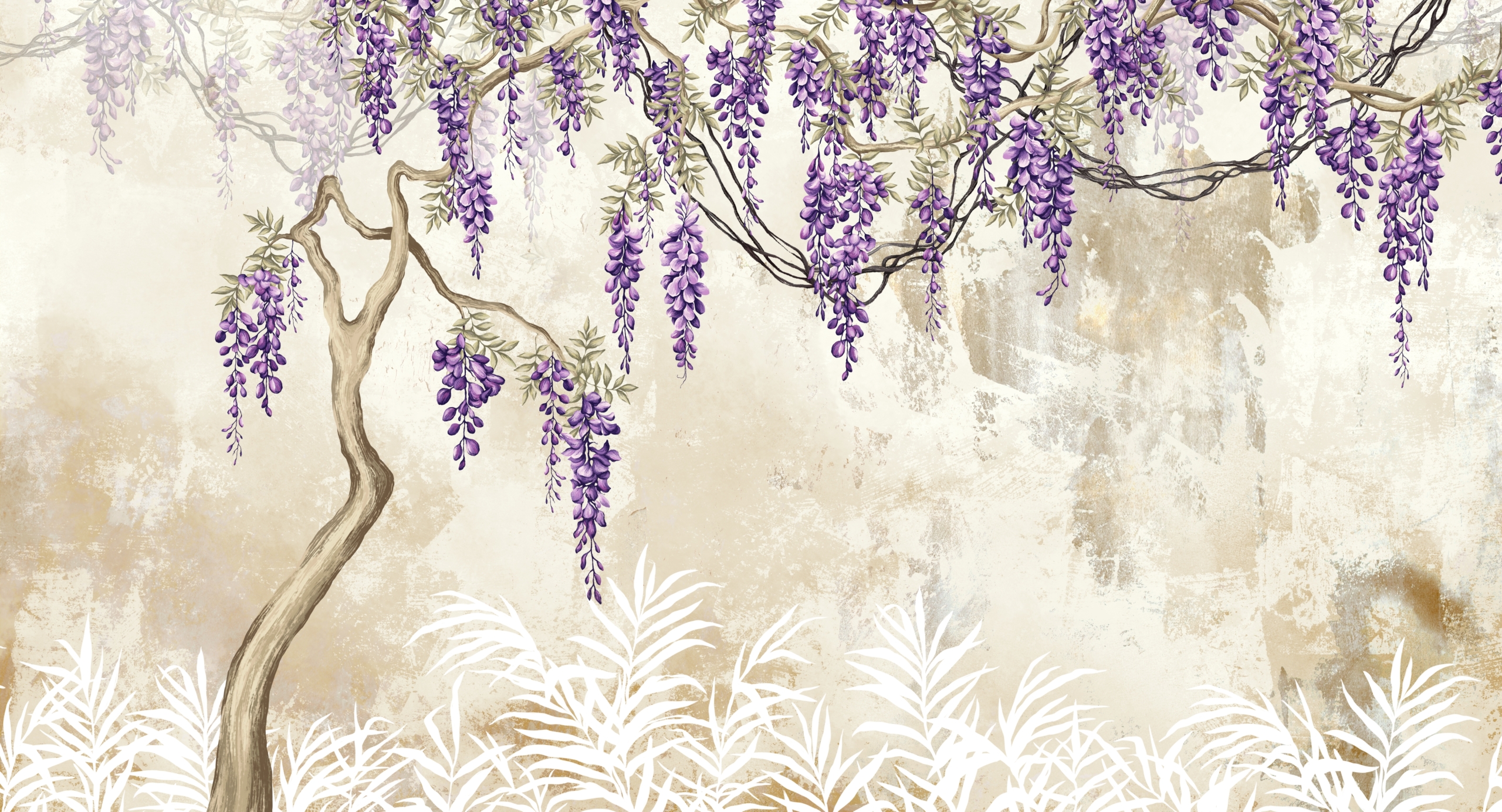 Vintage,Textured,Background,With,Blooming,Wisteria,,Artistic,Drawing,,Photo,Wallpaper