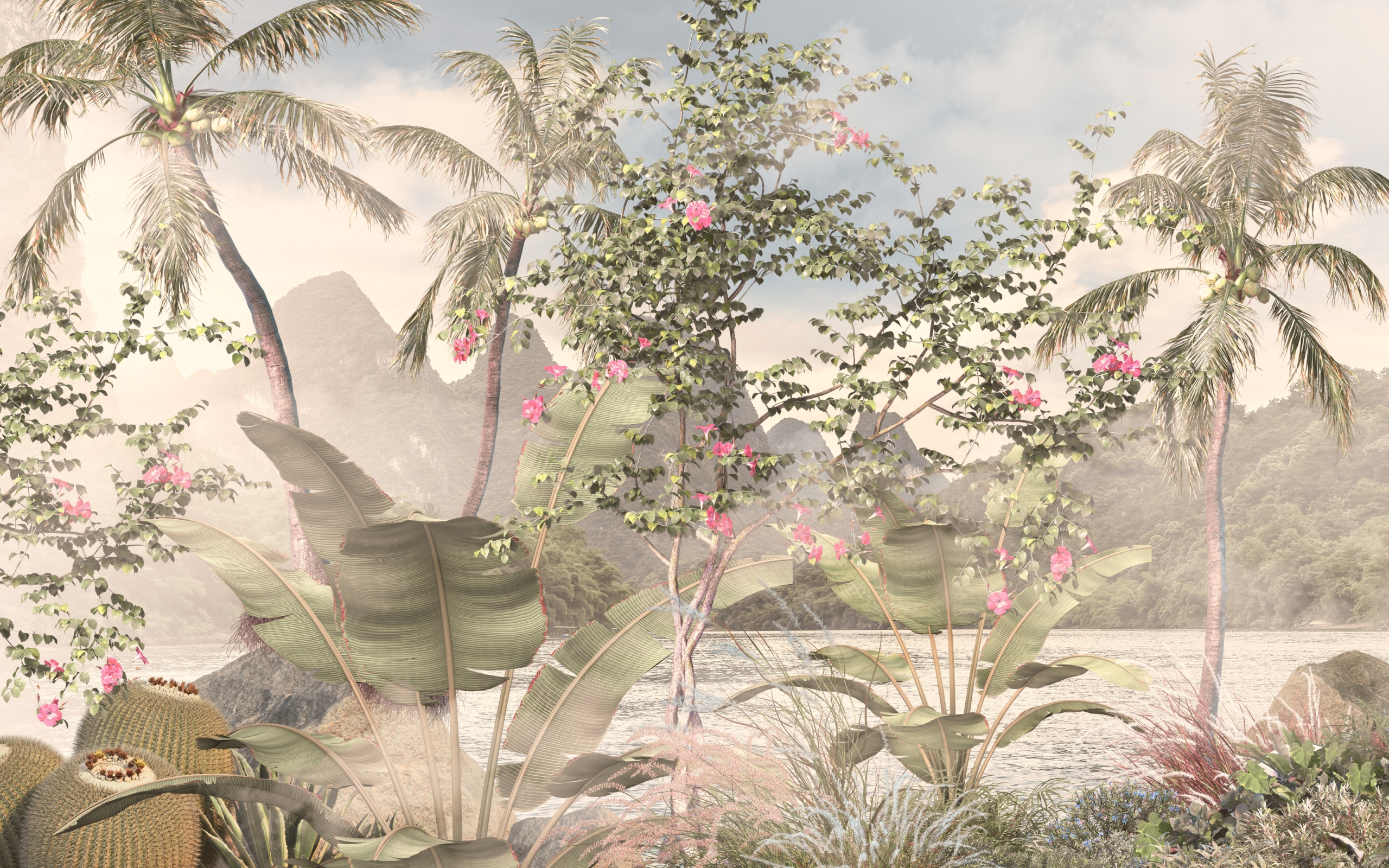Tropical,Forest,Landscape,,,Trees,And,Leaves,Wallpaper,,,3d