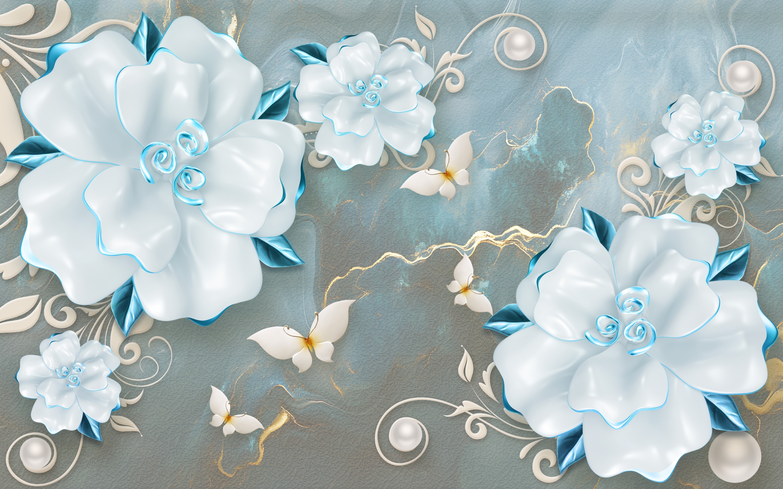 3d,White,Flower,And,Butterfly,And,Blue,Grey,Texture,Background