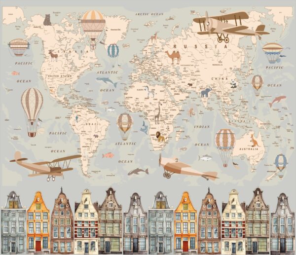 Papier peint Carte du monde avec des immeubles de rapport