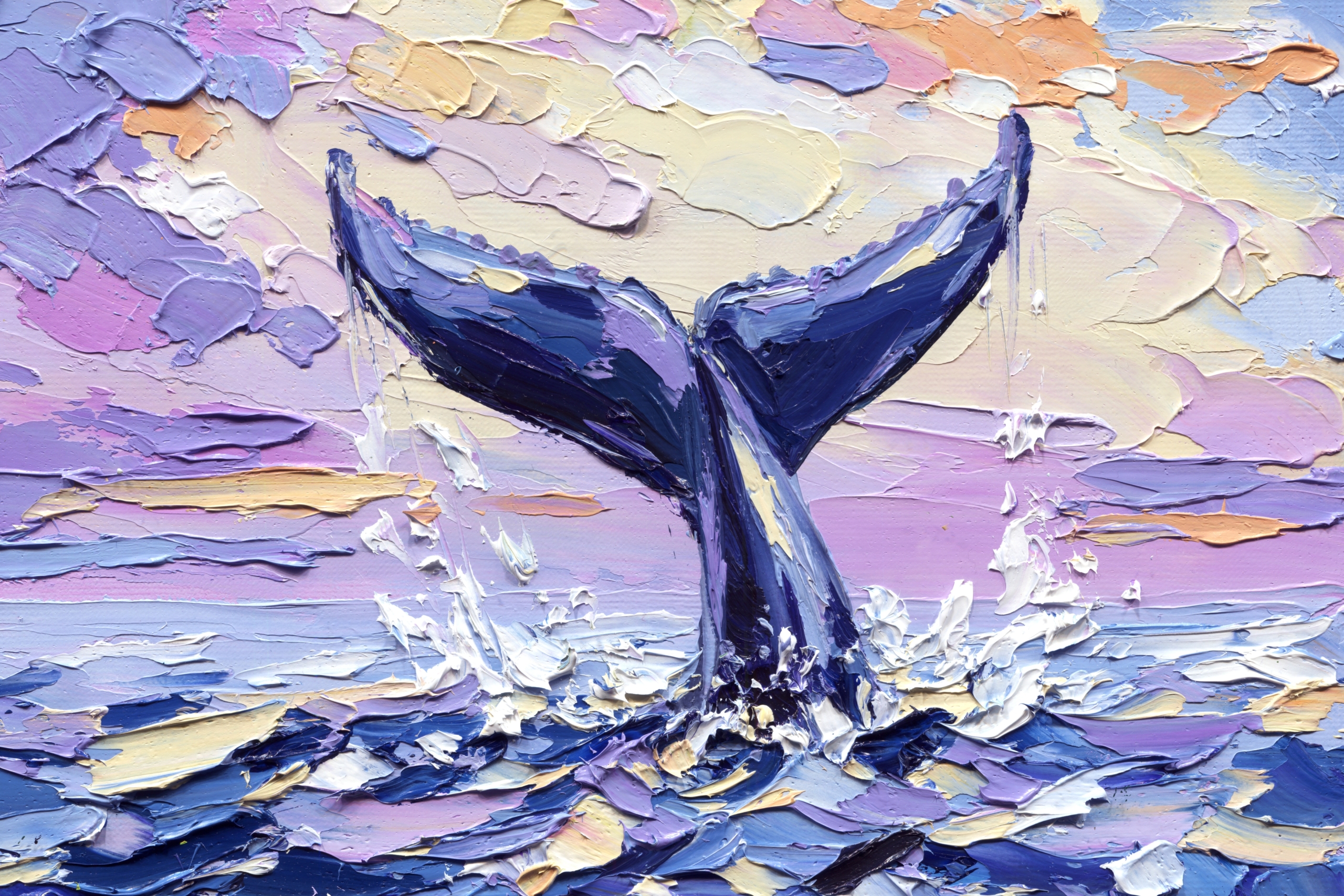 Whale,Tail,Ocean,Impasto,Oil,Painting,With,Splashing,Waves,Pastel