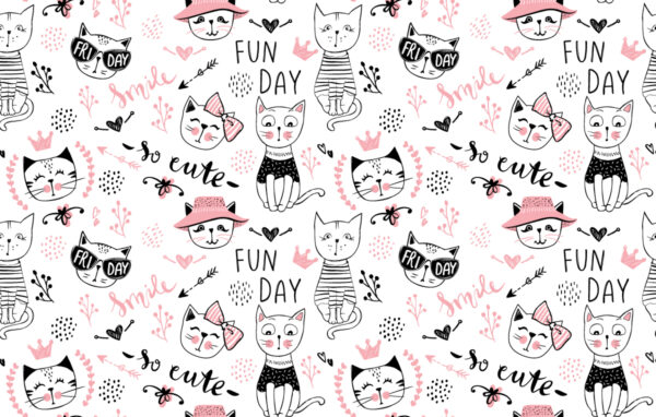 Papier peint Chatons joyeux à motifs roses et noirs